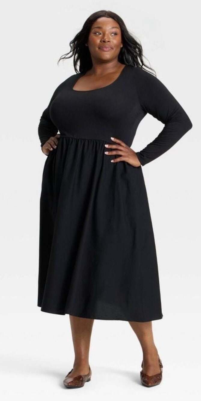 Ava & Viv Plus Size Long Sleeve Empire Waist Midi Dress, Black, 3X